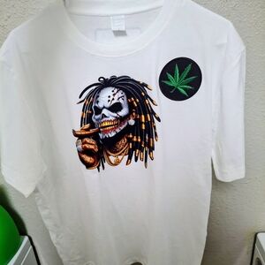 White Graphic T-Shirt with Skull and Leaf Design